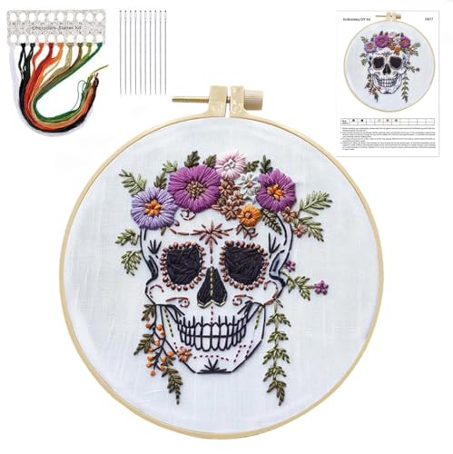 Halloween Embroidery Kit, Halloween Cross Stitch Kit, 4 Set Gothic Embroidery Starter Kit for Beginners, Unisex, Cross Stitch, Needlepoint, DIY, Craft Kit (Skull)