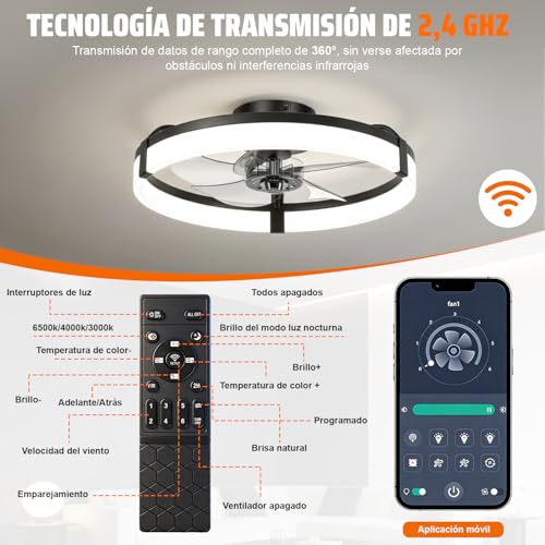 Ventilador de Techo con Luz 50cm/20in, Lámpara con Remoto y APP, Luz 3 Colores, 6 Velocidades, Función Temporizador, Motor de CC Silencioso y Reversible