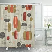 Semtomn Shower Curtain Waterproof Polyester Fabric 72 x 72 inches Retro Linen Textured Weave with Vintage Shapes and Stars Inspired Set with Hooks Decorative Bathroom