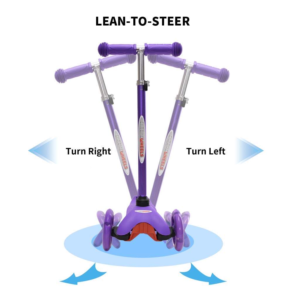 ChromeWheels Mini Scooter for Toddlers, Deluxe 3-Wheeled Scooters for Kids, 4 Adjustable Height Glider with Kick Scooters, Lean-to-Steer with LED Light-Up Wheels for Ages 3-6 Girls Boys