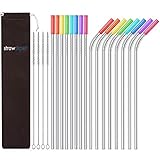 StrawExpert Reusable Stainless Steel Straws Long Drinking Metal Straws for Drinks Fit 30 oz 20 oz Tumbler with Silicone Tips,Case,Cleaning Brush Dishwasher Safe (10.5 inches,8 Straight+8 Bent)