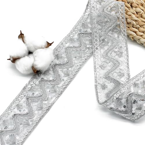 CABODYALS 9.14M 2 Inch Silver Sequin Lace Trim Beaded Metallic Trim Vintage Sheer Paillette Glitter Embroidery Sequins Edging Ribbon for Sewing Making Craft Wrapping Wedding Christmas Decor Supply