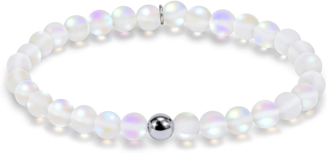 6mm Round Moonstone Beaded Bracelet Stretch Mermaid Glass Valentines Bracelet for Women，Couples Beaded Glass Bracelet