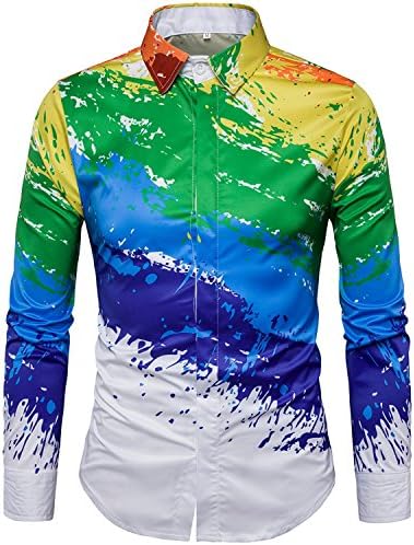 XuanYing Men's Geek Psychedelic Splash-ink Printed Slim Fit Long Sleeve Dress Shirts (Large, XY05)