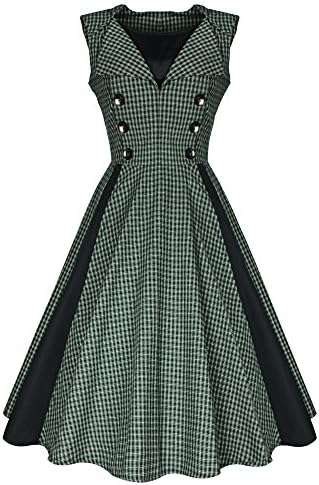 YUNICUS Womens 1950's Vintage Style Green Checked Open Necked Rockabilly Swing Dress 2X-Large