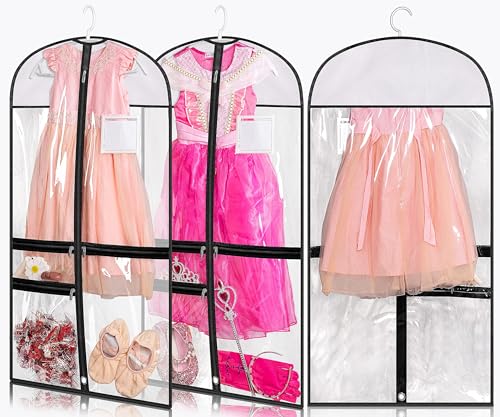TERRIFI Dance Garment Bag, 3 Pack Daily Outfits Storage, Kids Dance Costume Bag, Clear with 4 Zipper Pockets for Clothes, Shirts, Coats, Dresses