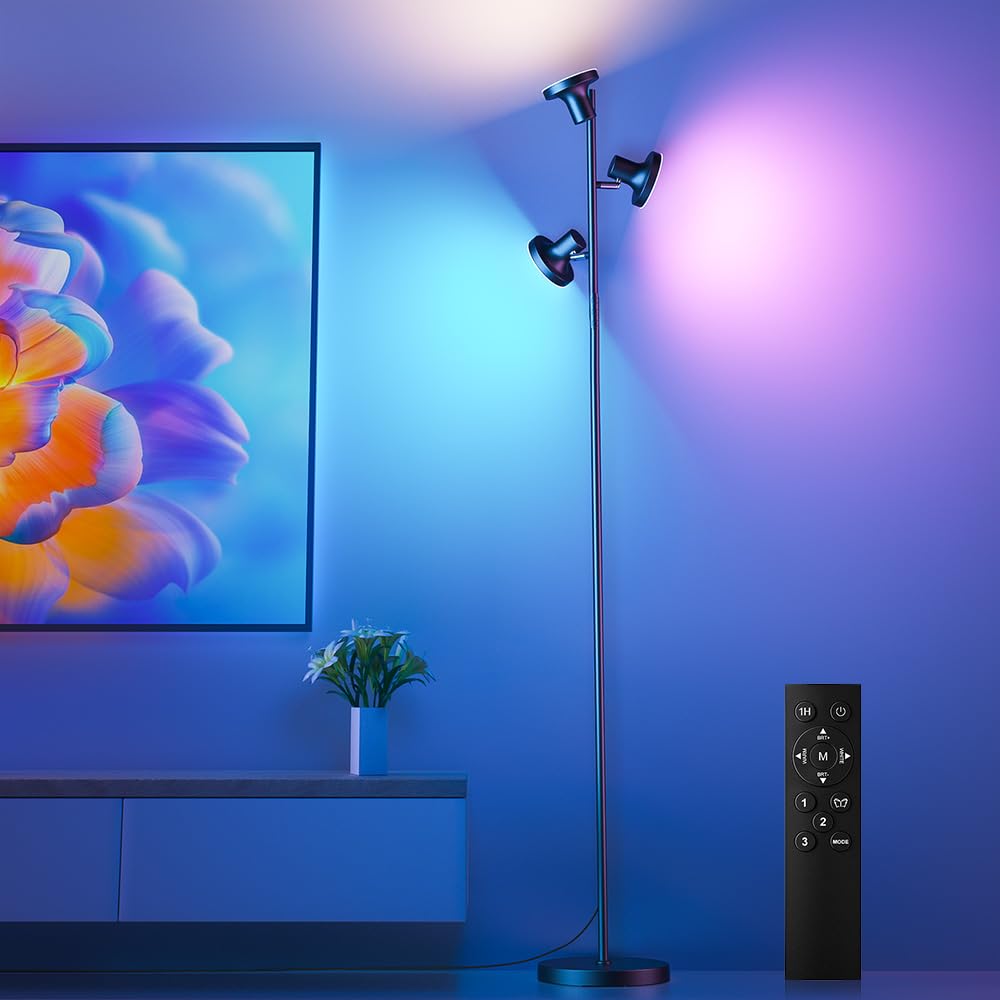 Photo 1 of SIBRILLE RGB Floor Lamp, 36W Bright LED Standing Lamp with 3 Swivel Lights, Color Changing Tree Tall Lamp with Remote, Stepless Dimmable Modern Floor Lamps for Living Room, Bedroom, Gaming Room,Office