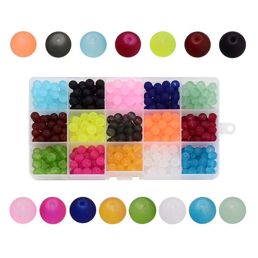 Kissitty about 600pcs/box 6mm 15 Colors Frosted Glass Beads Round Crystal Necklace Earring Beads with Container for DIY Jewelry Making