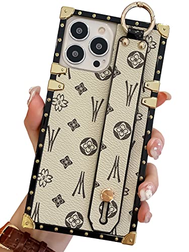 TRODINO Rectangle Leather Compatible with iPhone 11 Pro Max Case with Wristband Strap, Luxury Designer Phone Case for Women Girls, Hand Holder Kickstand Protective Bumper Cover 6.5” (White)