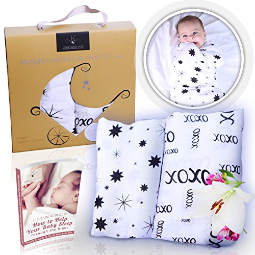 Bamboo Muslin Swaddle Baby Blankets - Softest Combo of 70% Bamboo 30%
Cotton - 2 Pack "Stars & XOXO" In Gender Neutral Black & White Bamboo Muslin Swaddle Baby Blankets - Softest Combo of 70% Bamboo 30%
Cotton - 2 Pack "Stars & XOXO" In Gender Neutral Black & White