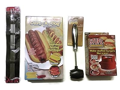 Curl-a-Dog, Stufz Burger Press, Smart Living Meat Tenderizer & 4PK BBQ Skewers Bundle - 4 Items