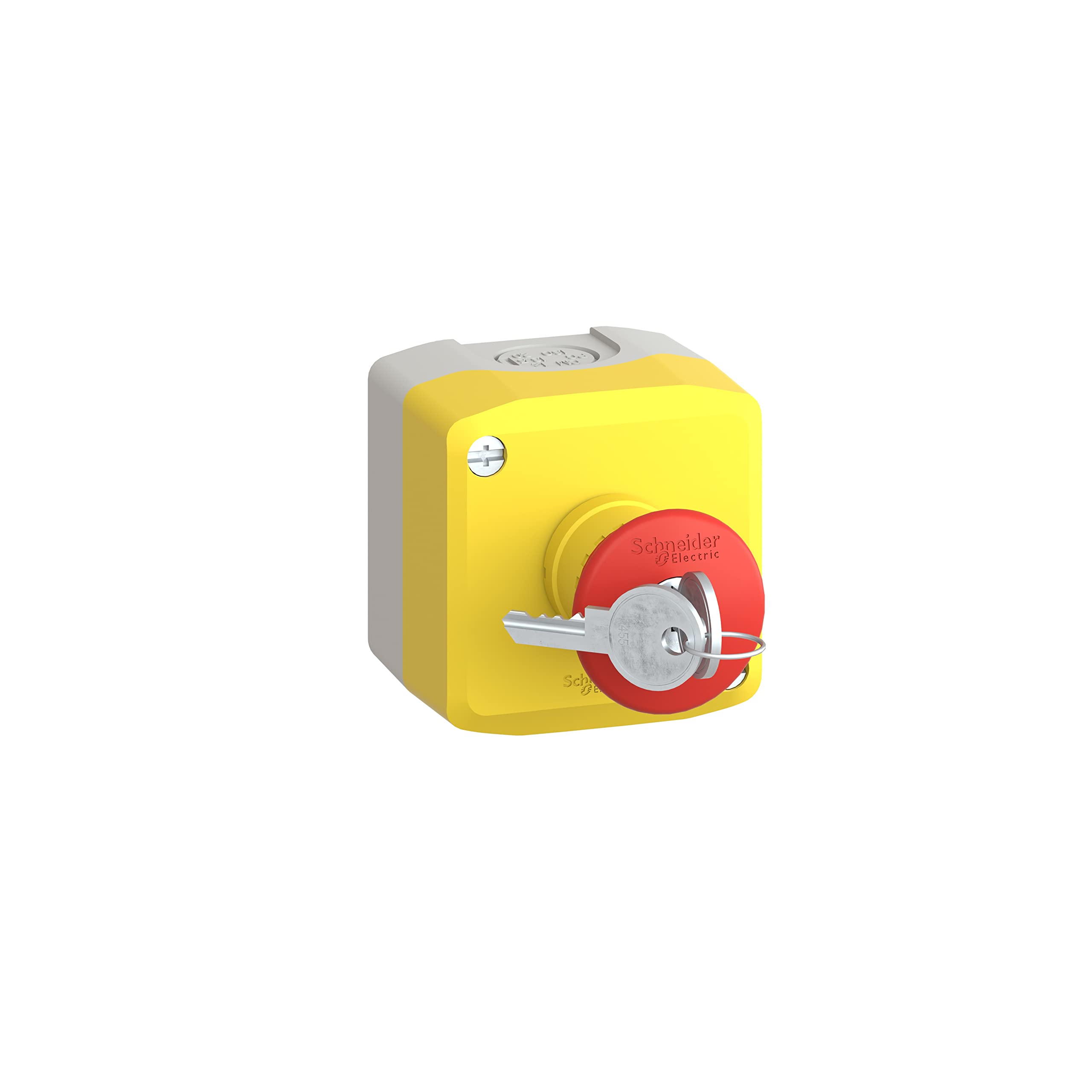 Schneider Electric Harmony XALD, XALK, Control station, plastic, yellow lid, 1 red mushroom push button Ø40, key release, 1 NC
