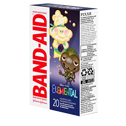 BAND-AID BRAND ADHESIVE BANDAGES FOR MINOR CUTS & SCRAPES, WOUND CARE FEATURING DISNEY’S ELEMENTAL CHARACTERS, FUN BANDAGES FOR KIDS AND TODDLERS, ASSORTED SIZES, 20 COUNT