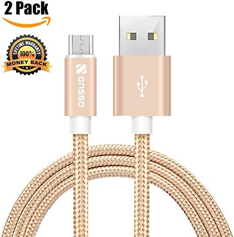 Onsso Nylon Braided Android Micro USB Cable, Micro USB to USB Cable Sync and Charging Cable for Samsung, Kindle, Android Smartphones, Galaxy S7 Edge, Moto G5, PS4 [2-Pack] (Gold, 1M/3.3Feet)