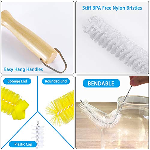 Bottle Brush Cleaner 7 Pack - Stiff Long Water Bottle and Straw Cleaning Brush - Bottle Brushes with Wooden Handle for Wine Decanter, Baby, Kombucha, Pipes, Hydro Flask Tumbler, Sinks, Blender Bottles