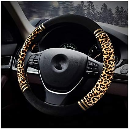 HCMAX Plush Vehicle Steering Wheel Cover Quality Comfy Winter Soft Car Steering Wheel Protector Universal Diameter 38cm(15") Leopard Print Yellow