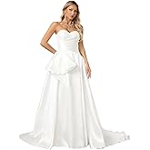 Off Shoulder Wedding Dress for Bride Sleeveless Ruched A-Line Bridal Gown with Long Train for Satin Engatement Wedding