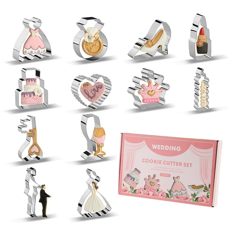 Photo 1 of 12 Wedding Cookie Cutters Shapes Set for Baking Including Bride and Groom Diamond Ring Wedding Cake Candle Wedding Dress Champagne Glasses Lipstick Heels Etc.