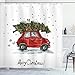 Ambesonne Christmas Shower Curtain, Retro Style Car Xmas Tree Vintage Family Illustration Snowy Winter Art, Cloth Fabric for Bath Decor Bathroom Decor Set with Hooks, 69