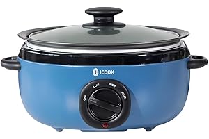 ICOOK USC-35-OP001BL 3.5 Quart Slow Cooker,Aluminium Sear/Sauté Stew Pot Stovetop safe,Dishwasher Safe,Glass Lid,Adjustable Temp,Food Warmer,Blue