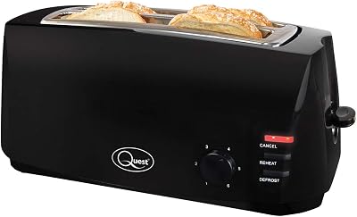 Quest 4 Slice Toaster Black - Extra Wide Slots, 6 Settings, Reheat