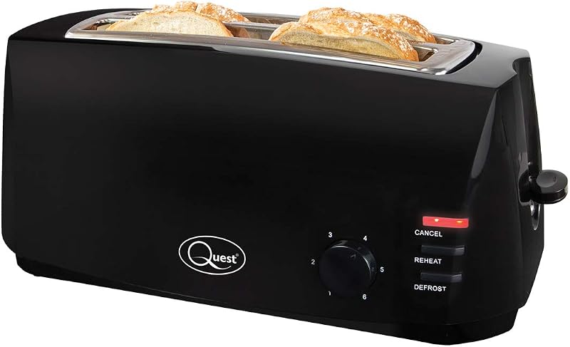 Quest 4 Slice Toaster Black - Extra Wide Slots, 6 Settings, Reheat