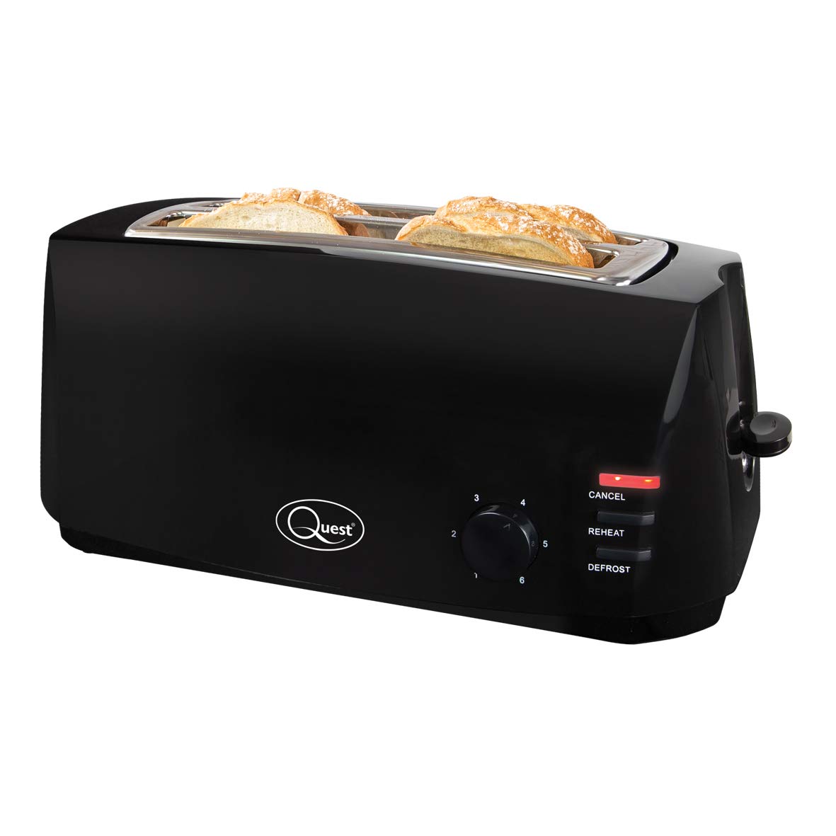 Quest 4 Slice Toaster Black - Extra Wide Long Slots for Crumpets and Bagels - 6 Settings - Reheat and Defrost