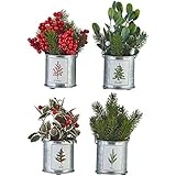 Raz Holiday Botanical Arrangements Set of 4 Assorted in Metal Decorative Buckets 7.5 Inch