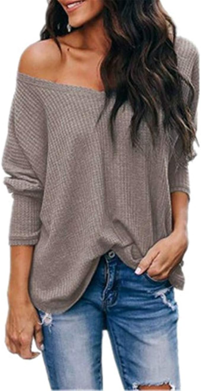 Oukeep Autumn VNeck OneShoulder Pullover Loose LongSleeved TShirt