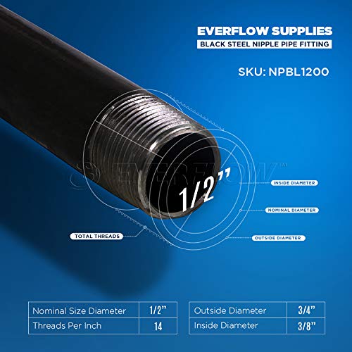 Everflow Supplies NPBL1200-10, Steel Nipple Pipe, Build Vintage DIY Furniture With Pre Cut Industrial Iron Pipe, Threaded Malleable Pipe  1/2" x 1" Black ( Pack Of 10) - Thumbnail 4
