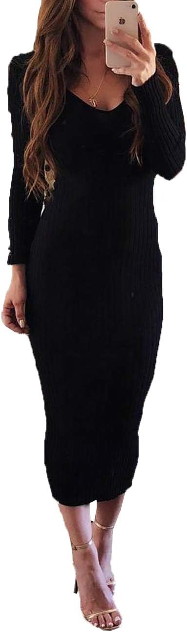 MISOMEE Women Long Sleeve Deep V Neck Elastic Waist Ribbed Bodycon Maxi Dress