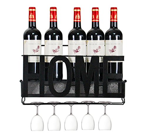 PAG Wall Mounted Metal Wine Racks with Glass Holder and Wine Cork Storage, Home & Kitchen Decor,5 Bottles,Black