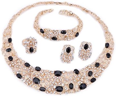 Jewelry Sets for Women Crystal Inlay Necklace Earrings Ring Bracelet Bridesmaid Costume Show Wedding