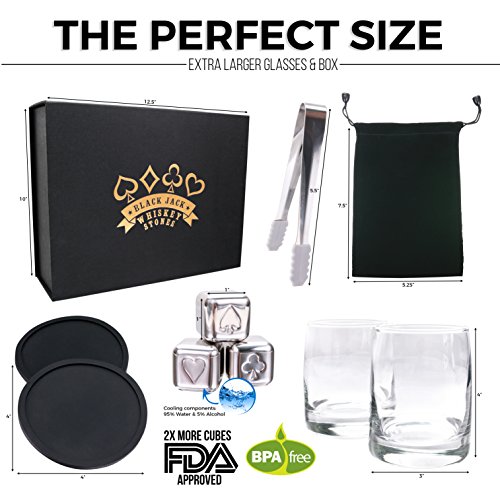 Black Jack Whiskey Stones - Premium Reusable Stainless Steel Beverage Chilling Cubes with Glasses & Tongs â€“ Total Of 16 Cubes