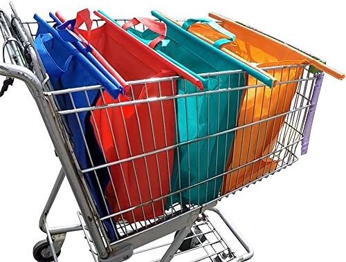 Set of 4 grocery shopping cart trolley bags, sized for USA &amp; Canada. Best heavy duty reusable grocery bags. Detachable, foldable, and environmentally friendly