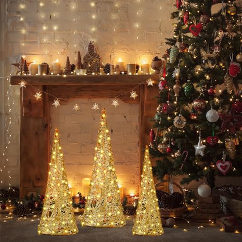 Baquler 3 Pcs LED Lighted Christmas Cone Trees Christmas Tree Ornament