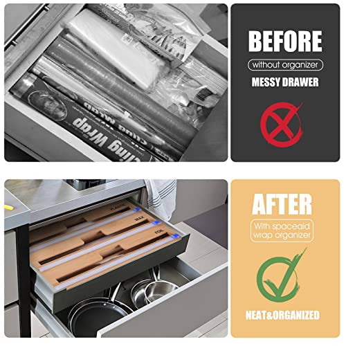 Bamboo Plastic Wrap Dispenser with Cutter, 3in1 Storage Dispenser for