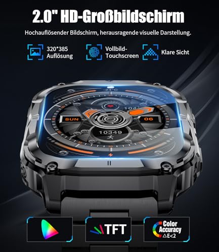 LIGE Military Smartwatch Men's with 1000 mAh Battery/Phone Function, 2.0 Inch HD Touchscreen Fitness Watch with Heart Rate/Sleep Monitor/200+ Sports Modes, IP68 Waterproof Sports Watch for Android iOS, 3 Wristbands