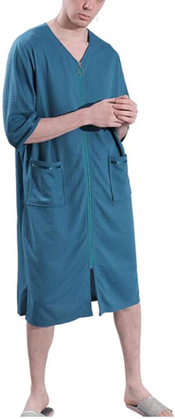 Men's Short Sleeve Zipper Robe Nightgown V Neck Nightshirts Loose