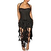 Weafmlia Women's Sexy Fringe Ruffle Halter Neck Off Shoulder Bodycon Blackless Ruched Tassel Hem Mini Flowy Dress