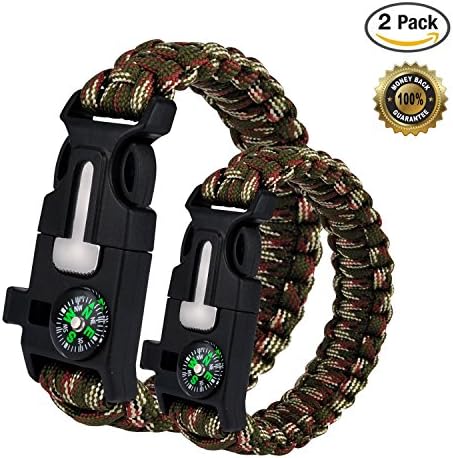 2PCS Survival Bracelet, Outdoor Survival Paracord Bracelet Kit with Compass, Whistle, Knife, Flint Fire Starter for Camping Hiking Fishing Running