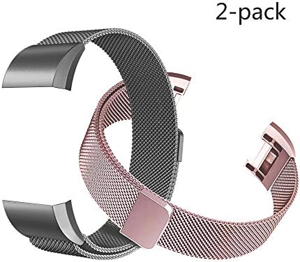 Tecson Fitbit Charge 2 Bands Stainless Steel Milanese Loop Replacement Bracelet Strap with Unique Magnet Lock for Fitbit Charge 2, Rose Pink and Black, 2 Piece
