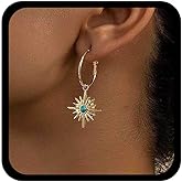 Allereyae Vintage Turquoise Sunburst Earrings Gold Sunshine Dangle Earring Starburst Huggie Hoop Earrings Opal Star Hoop Stud Turquoise Sun Dangle Earring Jewelry for Women
