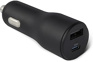 Amazon Basics Fast-Charging Car Charger, Dual-Port, 1 USBC+1 USB-A, 32W, Black