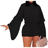 Womens Two Piece Outfits Sexy Going Out Long Flared Sleeve Crop Top Pleated Mini Skort Skirt Sets Chiffon Mini Dress