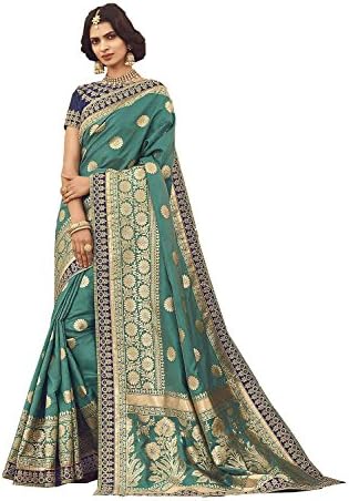 Indian Sarees for Women Wedding Designer Party Wear Traditional Teal Green Saree.
