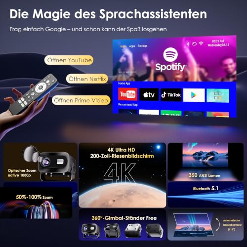 Mini Projector 4K Smart Projector Official App with Full HD 1080P, 1000 Lumens, Auto Focus and Keystone Correction, 360° Rotation, WiFi and Bluetooth, for Mobile Phone HDMI, TV Stick, Portable/Home