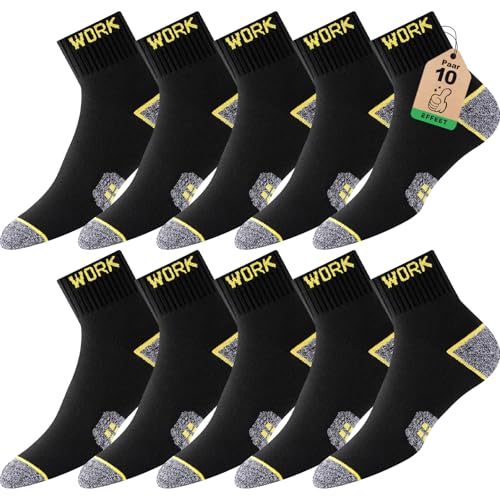 Effeet 10 Pairs of Short Work Socks Men's Quarter Socks, Padded Reinforced Work Socks, Breathable Short Socks with Comfort Waistband, Work Socks