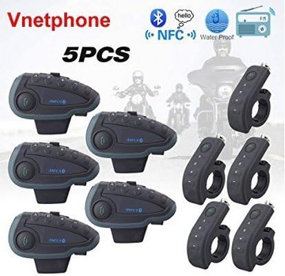 5 x Vnetphone 5 pcs V8 1200m Waterroof Bluetooth Intercom Headset 5 Riders Moto Intercomunicador with Remote Controller NFC FM Highest Tech.