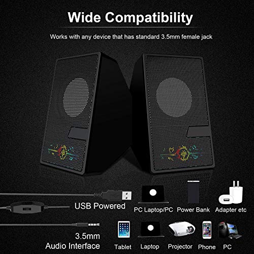 Computer Speakers, D7 Desktop Speakers USB Powered with Flashing LED Lights, 2.0 PC Speakers with 3.5mm Aux Audio Jack& Volume Control, Stereo Sound Gaming Computer Speakers for PC Laptop TV, Black